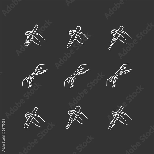 Early pregnancy sign chalk white icons set on black background. Positive test for pregnant woman. Fertility and ovulation. Gynecology check. Isolated vector chalkboard illustrations