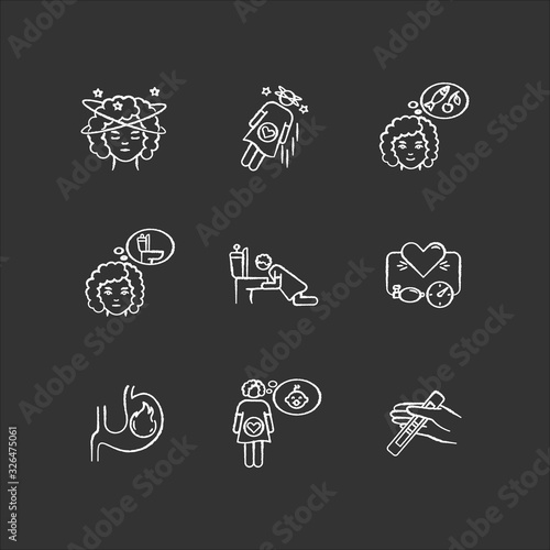 Early pregnancy symptom chalk white icons set on black background. Feeling of dizziness. Food craving. Frequent urination. Woman vomiting in bathroom. Isolated vector chalkboard illustrations