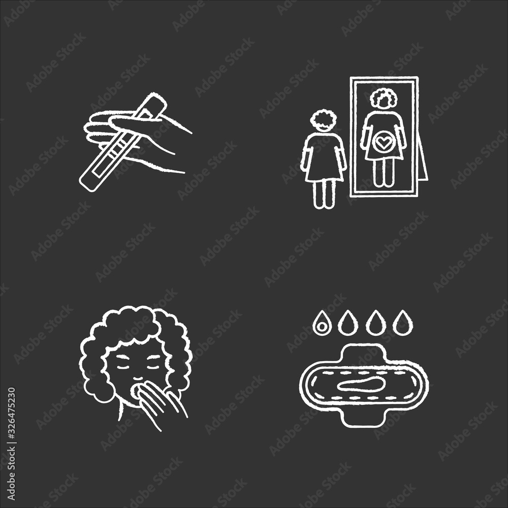 Early pregnancy symptom chalk white icons set on black background. Positive test for pregnant woman. Intuitive feeling of baby. Slight bleeding from period. Isolated vector chalkboard illustrations Early pregnancy symptom chalk white icons set on black background. Positive test for pregnant woman. Intuitive feeling of baby. Slight bleeding from period. Isolated vector chalkboard illustrations