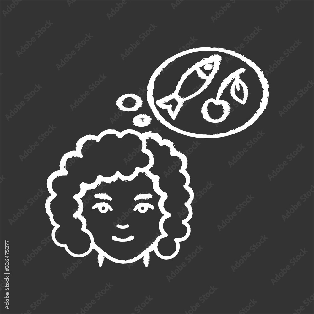 Food craving chalk white icon on black background. Woman on healthy diet. Lady with appetite. Thinking of nutritious meal. Early pregnancy symptom. Isolated vector chalkboard illustration Food craving chalk white icon on black background. Woman on healthy diet. Lady with appetite. Thinking of nutritious meal. Early pregnancy symptom. Isolated vector chalkboard illustration