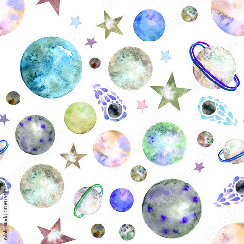 Baby seamless pattern with planets, stars and spaceship. Hand drawn overlapping background for your design. Watercolor childish pattern for fabric, textile, nursery wallpaper. blue color