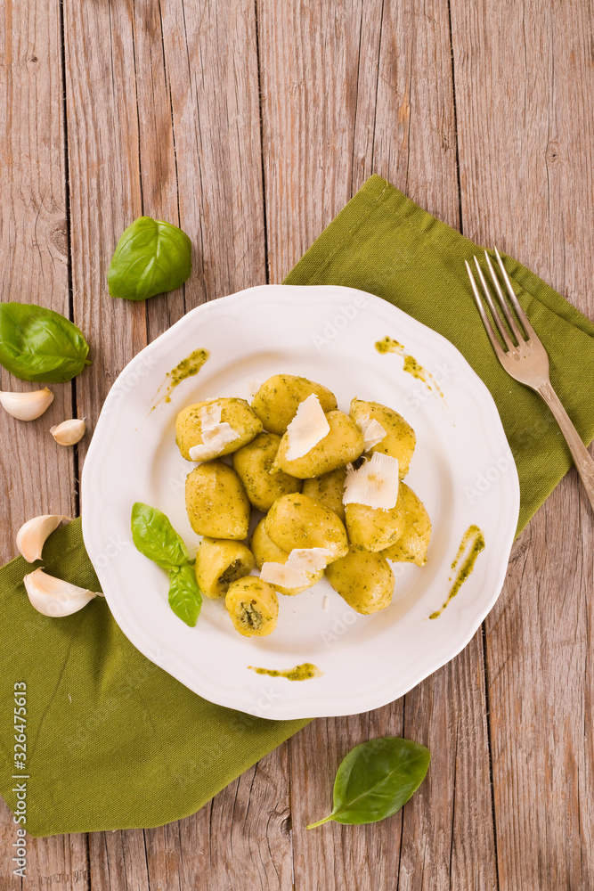 Potato gnocchi stuffed with pesto sauce. Potato gnocchi stuffed with pesto sauce.