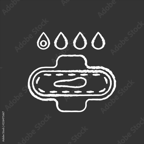 Slight bleeding chalk white icon on black background. Early symptom of pregnancy. Menstrual cycle. Blood drops. Period pad for woman. Female healthcare. Isolated vector chalkboard illustration