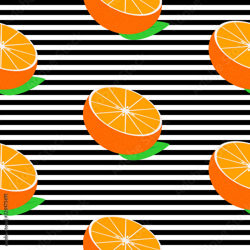 Seamless background with black stripes and halves mandarins with leaves. Vector fruit design for pattern or template.