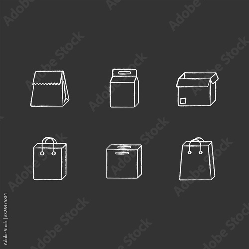 Paper food packages chalk white icons set on black background. Cardboard boxes, bags for products, meal. Disposable containers for lunch, grocery. Isolated vector chalkboard illustrations