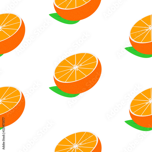 Seamless white background with halves mandarins with leaves. Vector fruit design for pattern or template.