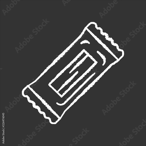 Chocolate bar chalk white icon on black background. Protein snack package. Wrapped candy, sweet nourishment. Takeaway food pack. Sugar sachet, packet. Isolated vector chalkboard illustration