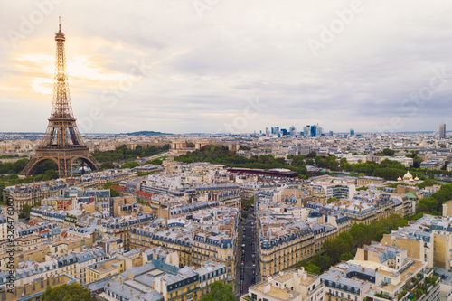 Aerial view of Paris rooftops and Eiffel Tower