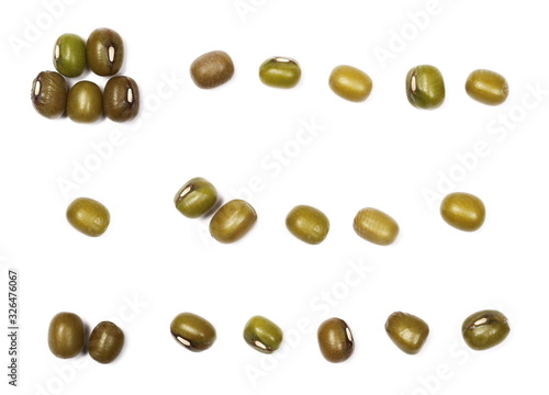 Set organic raw green beans mungo  Vigna radiata  isolated on white background  top view and macro