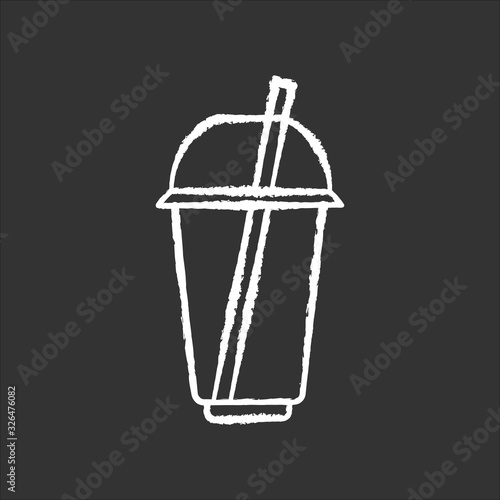 Disposable plastic cup chalk white icon on black background. Transparent mug for cold drink, soda, juice with dome lid and straw. Beverage container. Isolated vector chalkboard illustration