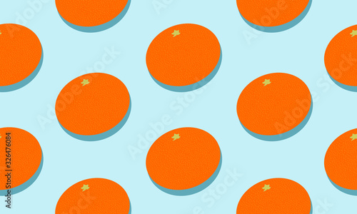 Seamless blue background with mandarins with shadow. Vector illustration design for greeting card or template.