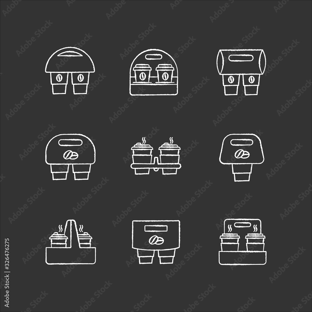 Paper cup holders chalk white icons set on black background. Coffee to go packages. Take away hot caffeine drinks. Takeaway cardboard carriers for cups. Isolated vector chalkboard illustrations Paper cup holders chalk white icons set on black background. Coffee to go packages. Take away hot caffeine drinks. Takeaway cardboard carriers for cups. Isolated vector chalkboard illustrations