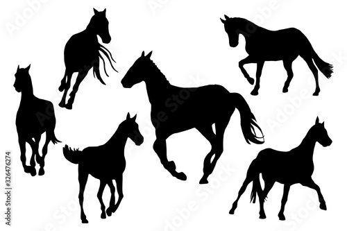 Race horses silhouettes kit. Clip art set on white background black and white