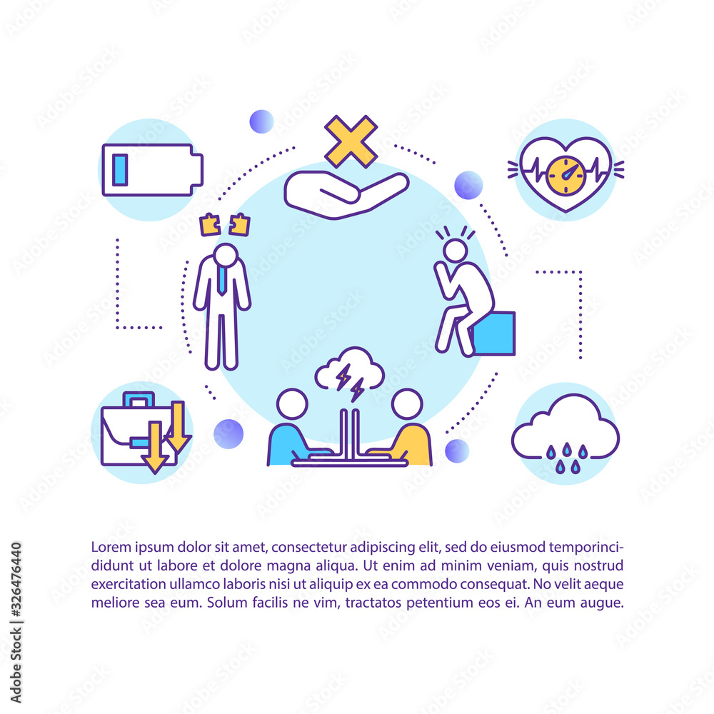 Stressful atmosphere concept icon with text. Relationship anxiety. Reduced productivity. Feeling helpless. PPT page vector template. Brochure, magazine, booklet design element with linear illustration Stressful atmosphere concept icon with text. Relationship anxiety. Reduced productivity. Feeling helpless. PPT page vector template. Brochure, magazine, booklet design element with linear illustration