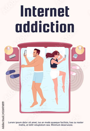 Internet addiction poster template. Smartphone overuse and dependency, lack of communication in family. Commercial flyer design with semi flat illustration. Vector cartoon promo advertising card