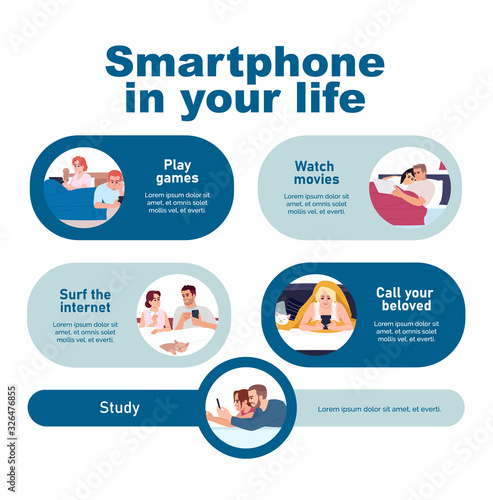 Using smartphone vector infographic template. Gadgets in daily life UI web banner with flat characters. Entertainment with modern devices. Cartoon advertising flyer, leaflet, ppt info poster idea