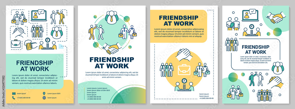Friendship at work brochure template. Colleagues and coworkers relationship. Flyer, booklet, leaflet print, cover design with linear icons. Vector layouts for magazines, reports, advertising posters