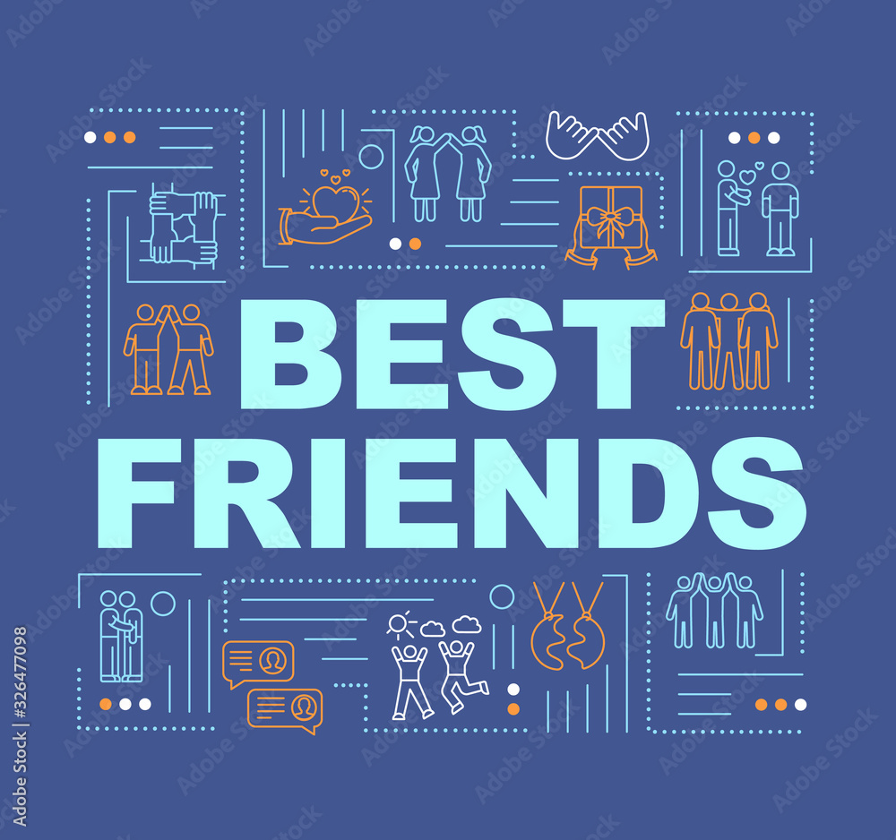 Best friends forever word concepts banner. BFF. Mutual affection. Friendship core values. Infographics with linear icons on violet background. Isolated typography Vector outline RGB color illustration