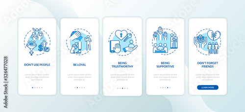 Best friends relationship onboarding mobile app page screen with concepts. Personal values. Virtues walkthrough 5 steps graphic instructions. UI vector template with RGB color illustrations