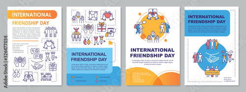 International friendship day brochure template. Friendly community. Flyer, booklet, leaflet print, cover design with linear icons. Vector layouts for magazines, annual reports, advertising posters
