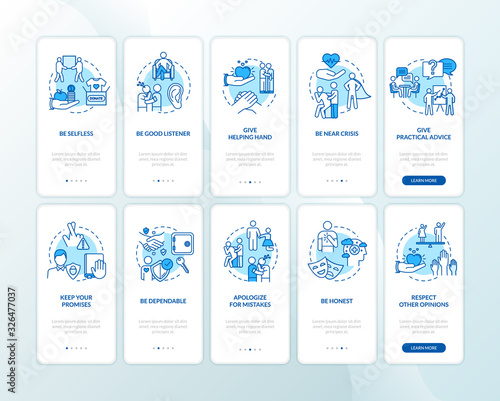 Friendship advices onboarding mobile app page screen with concepts set. Best friends support walkthrough 5 steps graphic instructions. UI vector template with RGB color illustrations