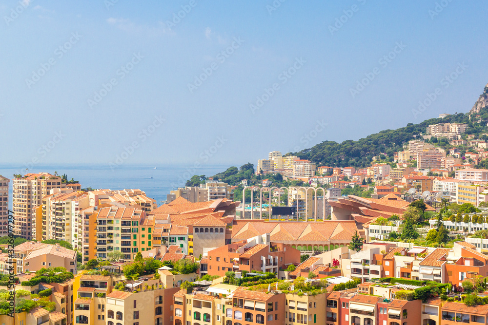 Cityscape of Fontvieille district of Monte Carlo in principality of Monaco, southern France
