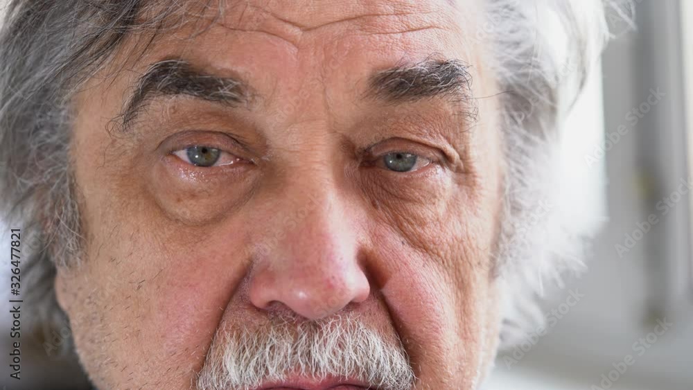 The senior retired man looks calmly and kindly at the camera and then turns his head to the window. The senior retired man looks calmly and kindly at the camera and then turns his head to the window.