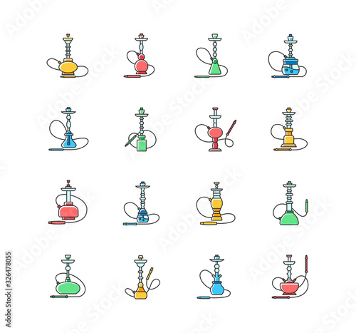 Hookah RGB color icons set. Sheesha bar. Hooka accessories. Smoke area. Vapor, vaping. Tobacco option. Arabic lounge. Accessories for oriental shisha. Isolated vector illustrations