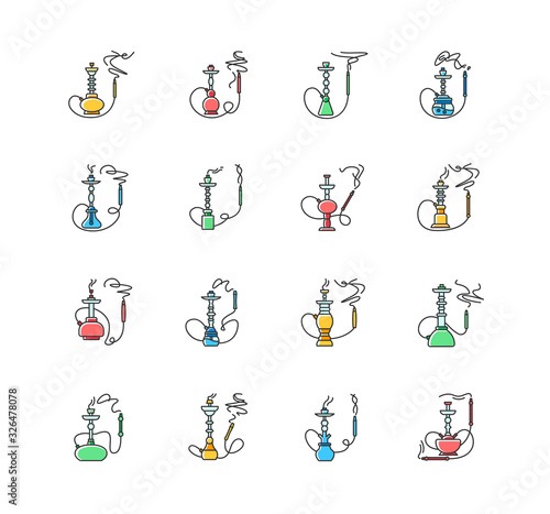 Hookah with odor RGB color icons set. Incense puff from water pipe. Tobacco, marijuana. Sheesha bar. Smoke area. Arabic bar. Accessories for shisha. Oriental hooka. Isolated vector illustrations