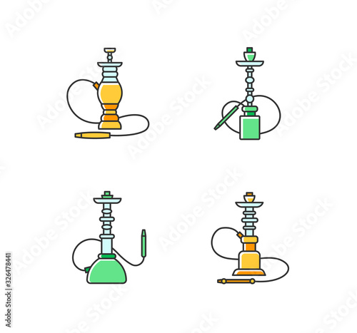 Hookah RGB green and yellow color icons set. Nargila option. Sheesha house. Popular souvenir. Scent of vaporizing. Smoking area. Accessories for shisha. Oriental hooka. Isolated vector illustrations