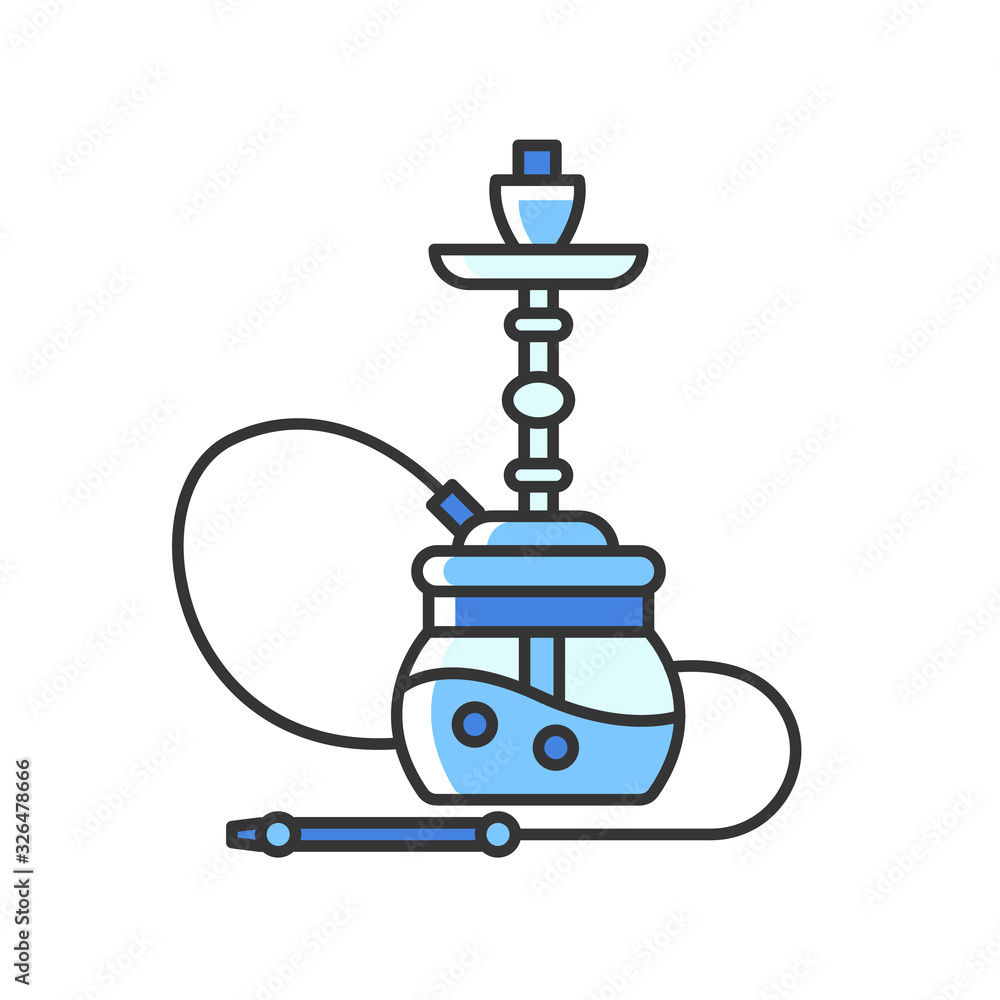 Hookah RGB blue color icon. Sheesha house. Cultural qalyan. Nargile lounge. Odor from pipe. Scent of vaporizing. Smoking area. Accessories for shisha. Oriental hooka. Isolated vector illustration Hookah RGB blue color icon. Sheesha house. Cultural qalyan. Nargile lounge. Odor from pipe. Scent of vaporizing. Smoking area. Accessories for shisha. Oriental hooka. Isolated vector illustration