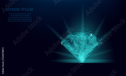Abstract template of a diamond in the form of a starry sky or space, consisting of pointLow polygon diamond wireframe mesh on blue background. Vector business wireframe concept.