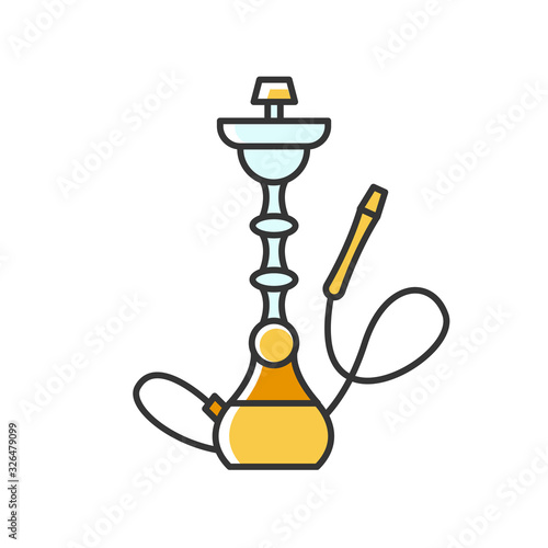 Hookah RGB yellow color icon. Sheesha house. Minimalistic object. Nargile lounge. Odor from pipe. Scent of vaporizing. Smoking area. Accessory for shisha. Oriental hooka. Isolated vector illustration