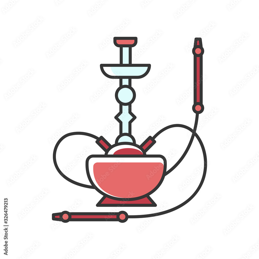 Hookah RGB red color icon. Sheesha house. Nargile lounge. Odor from pipe. Scent of vaporizing. Smoking area. Accessories for shisha. Oriental hooka. Round bowl base. Isolated vector illustration Hookah RGB red color icon. Sheesha house. Nargile lounge. Odor from pipe. Scent of vaporizing. Smoking area. Accessories for shisha. Oriental hooka. Round bowl base. Isolated vector illustration