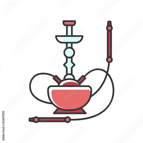 Hookah RGB red color icon. Sheesha house. Nargile lounge. Odor from pipe. Scent of vaporizing. Smoking area. Accessories for shisha. Oriental hooka. Round bowl base. Isolated vector illustration