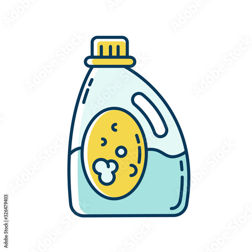 Laundry detergent blue and yellow RGB color icon. Cleaning product package, liquid whitener, linen bleach bottle. Chemical substance, clothes cleanser, stain remover. Isolated vector illustration