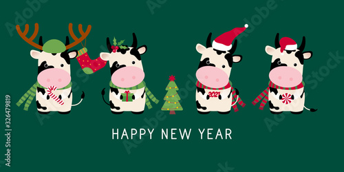 Christmas or New year tree. Cute ox, cow, bull. 2021 Winter background with cow. Ox horoscope sign. Chinese year of ox 2021. Happy New Year. Concept image of symbol Chinese new year