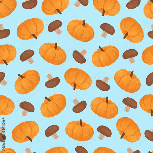 Autumn pattern with pumpkin and mushroom. Autumn vegetables background. Vegetables pattern