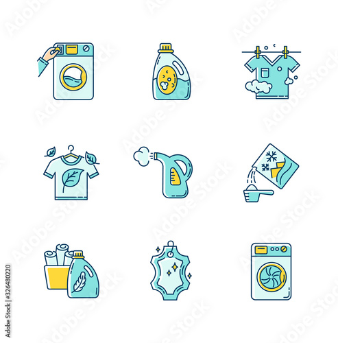 Laundry types blue and yellow RGB color icons set. Coin wash service, washing machine, steam and eco dry cleaning. Laundry detergents and fabric care agents. Isolated vector illustrations
