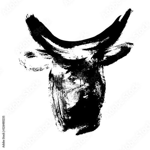 Ox, bull, cow on white background. Lunar horoscope sign ox, bull, cow. Chinese Happy new year 2021. Year of the ox. Lunar new year. Drawing ox, bull, cow ink
