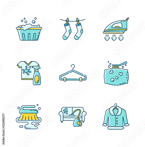 Laundry and cleanup service blue and yellow RGB color icons set. Handwash, stain removal and outdoor drying, fabric ironing. Fur, furniture and pillow dry cleaning. Isolated vector illustrations