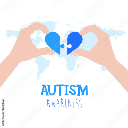 Autism awareness concept with human hands and blue heart. Autism awareness concept with human hands collecting blue heart puzzle elements. World autism awareness day. Colorful puzzle vector design