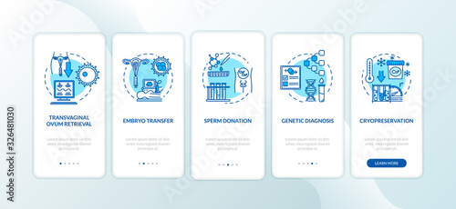 Reproduction onboarding mobile app page screen with concepts. DNA spiral. In vitro fertilization walkthrough 5 steps graphic instructions. UI vector template with RGB color illustrations
