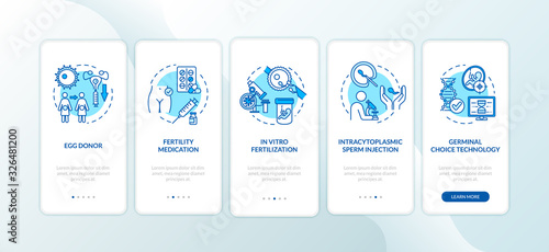 Fertility medication onboarding mobile app page screen with concepts. In vitro fertilization. Reproduction walkthrough 5 steps graphic instructions. UI vector template with RGB color illustrations