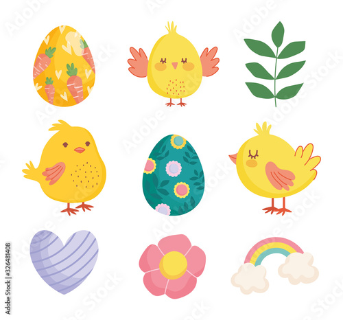 happy easter cute chickens eggs flower heart rainbow decoration