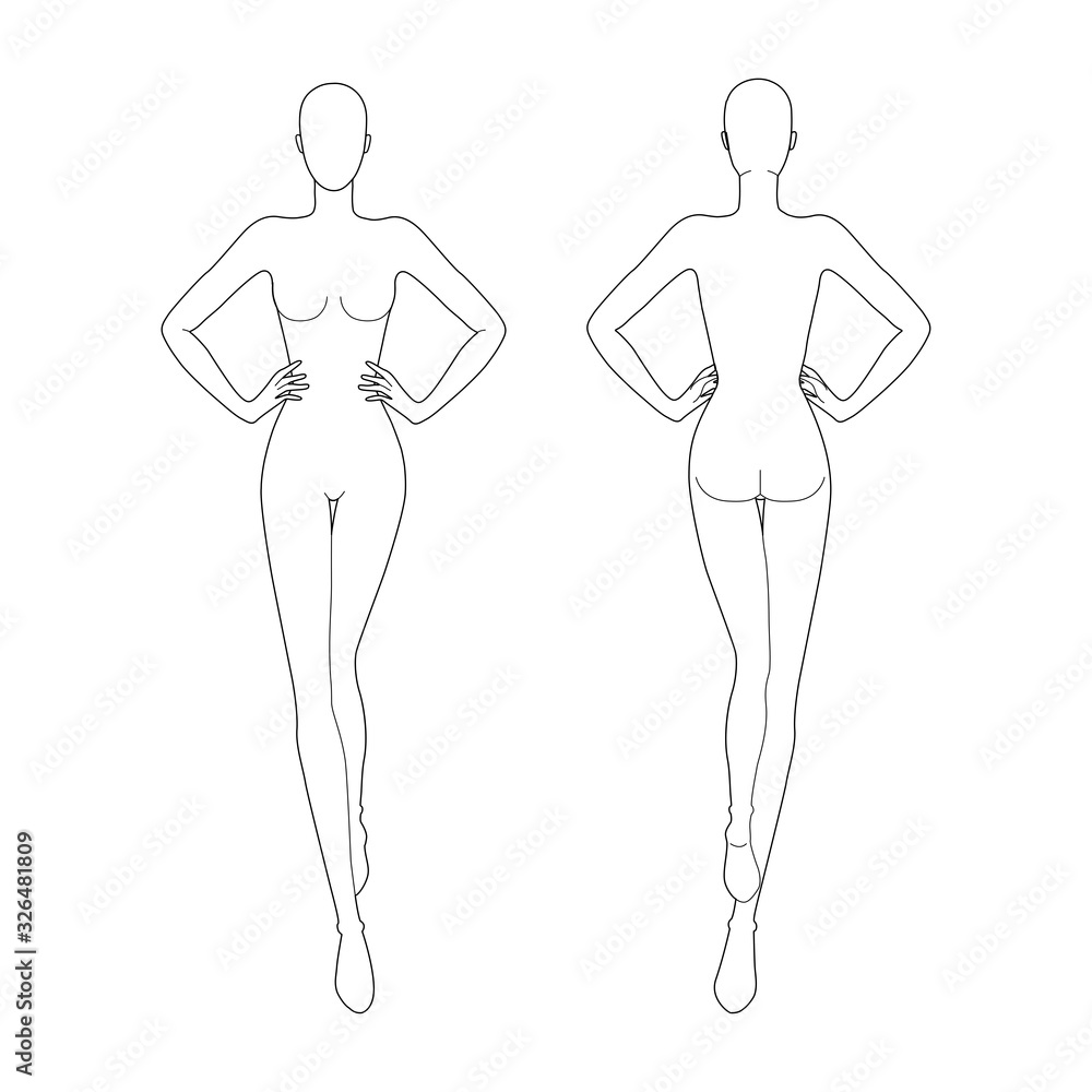 Fashion template 9 head for technical drawing with main lines. Fashion template 9 head for technical drawing with main lines.