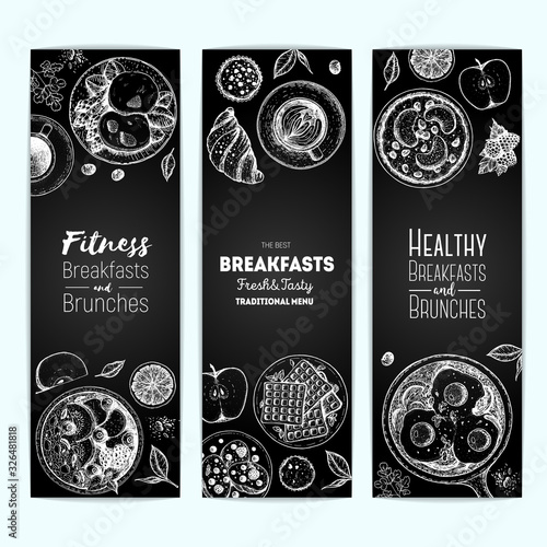 Breakfast banner design template. Vertical banners set. Vector illustration hand drawn,. Hand drawn sketch. Food menu design. Engraved image. Vintage style.