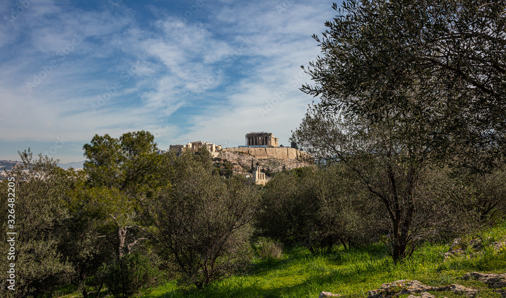Athens, Greece. Acropolis and Parthenon temple from Filopappos Hill.