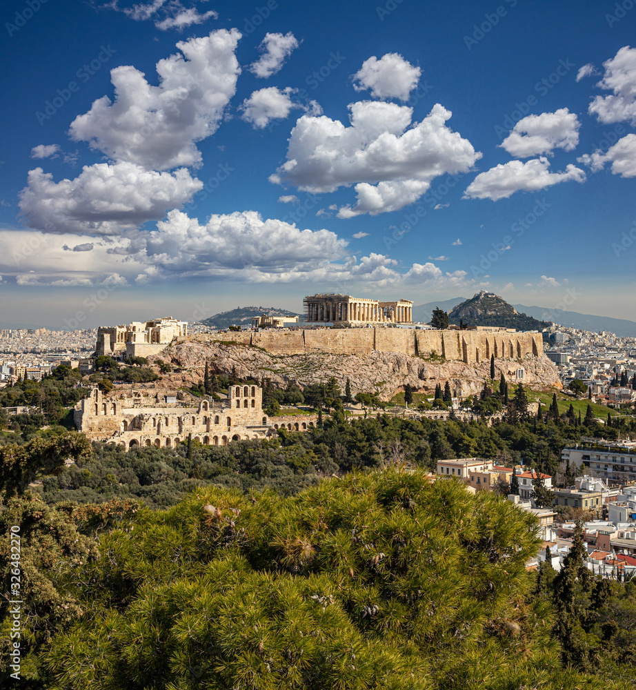 Naklejka premium Athens, Greece. Acropolis and Parthenon temple from Philopappos Hill.