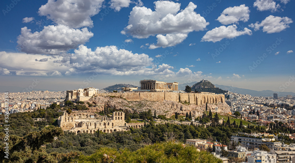 Athens, Greece. Acropolis and Parthenon temple from Philopappos Hill.